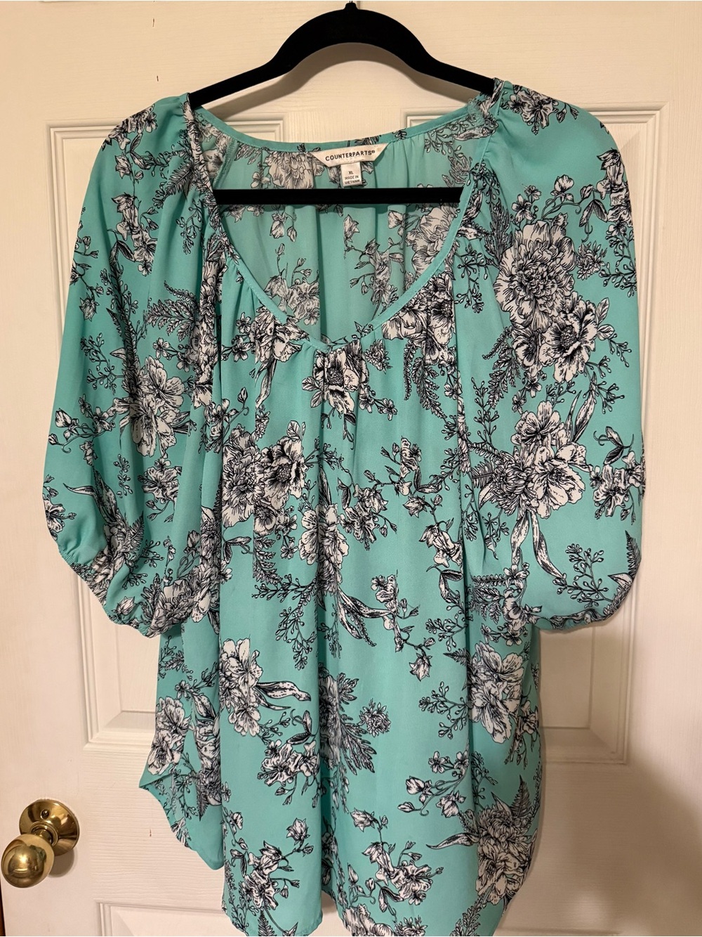 Counterparts Teal Floral Peasant Blouse with Black & White Print